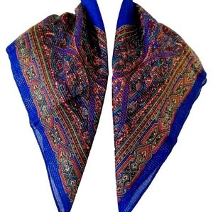 VTG Royal blue Geometric Pink Scarf Gold Lines Arcrylic/Lurex Made Japan 30"x30"